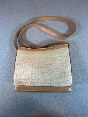 Etienne Aigner Tan Straw Woven Shoulder Bag with Fruit Pattern Interior